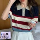 Short-sleeve Color-block Polo Shirt Stripe - Red & White & Blue - One Size