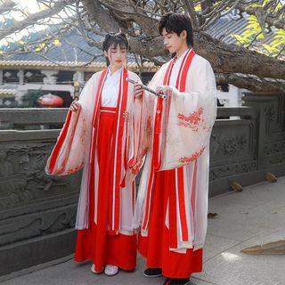 Couple Matching Set: Floral Embroidered Open Front Jacket + Long-sleeve Wrap Top + Midi A-line Skirt