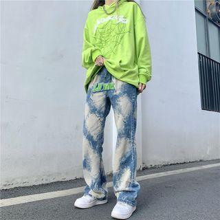 Letter Embroidered Tie Dye Straight Leg Jeans
