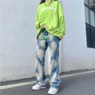 Letter Embroidered Tie Dye Straight Leg Jeans