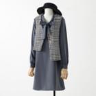 Set: Long-sleeve Tie-neck Shift Dress + Houndstooth Asymmetrical Vest