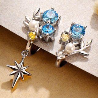 925 Sterling Silver Faux Pearl Rhinestone Branches Earring 1 Pair - Blue & Silver - One Size