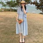 Puff-sleeve Square-neck Plain Lace Panel Dress