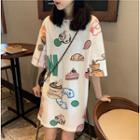 Print Elbow-sleeve Polo Dress White - One Size