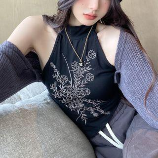 Set: Floral Embroidered Tank Top + Shrug Set Of 2 - Tank Top & Shrug - Black & Gray - One Size