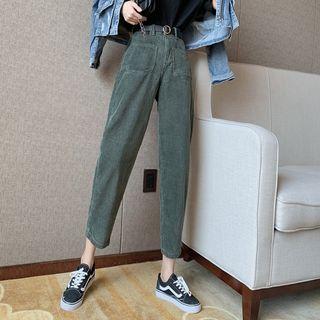 Set: Cropped Corduroy Straight-fit Pants + Belt