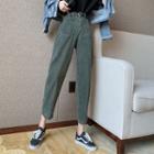 Set: Cropped Corduroy Straight-fit Pants + Belt