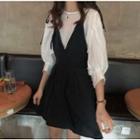 Elbow-sleeve Plain Top / V-neck Mini Dress