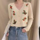 Floral Embroidered Cropped Knit Cardigan