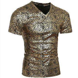 Leopard Printed Metallic Short Sleeve T-shirt