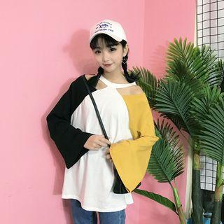 Color Panel Cut Out Shoulder Long Sleeve T-shirt