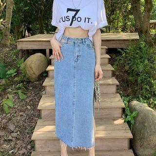 High-waist Denim Cut-out Midi Skirt