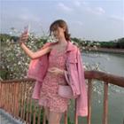 Spaghetti Strap Floral Mini A-line Dress / Plain Cardigan / Denim Jacket