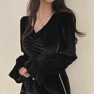 Bell-sleeve Velvet Mini Sheath Dress Black - One Size