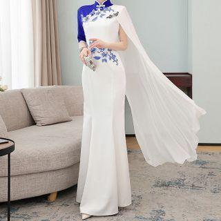 Asymmetrical Cape-sleeve Floral Embroidered Midi Sheath Dress