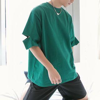Cutout Sleeve Embroidered T-shirt