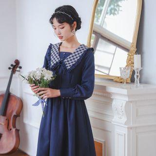 Square-neck Plaid Button-up Bow A-line Dress