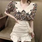 Floral Short-sleeve Top / Ruched Skirt