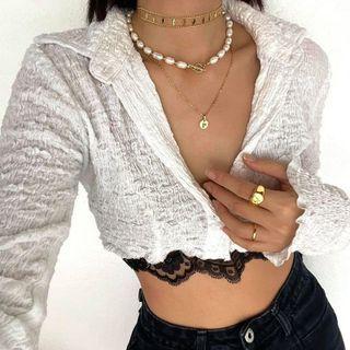 Ruched Polo-neck Long Sleeve Crop Shirt