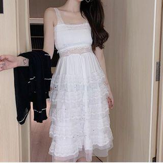 Lace Panel Wide Strap Mesh Midi A-line Dress