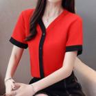 Color Block Short-sleeve Chiffon Blouse