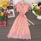 V-neck Floral Lace Trim Midi A-line Dress