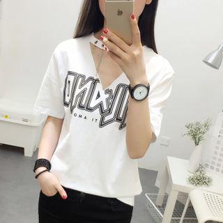 Cutout-front Lettering Short-sleeve T-shirt