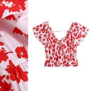 V-neck Floral Print Crop Blouse