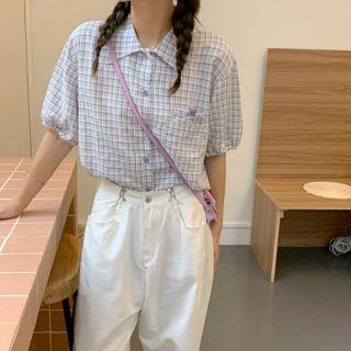 Plaid Short-sleeve Puff-sleeve Blouse