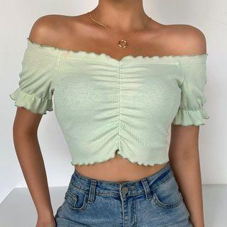 Off-shoulder Short-sleeve Ruched Cropped Top