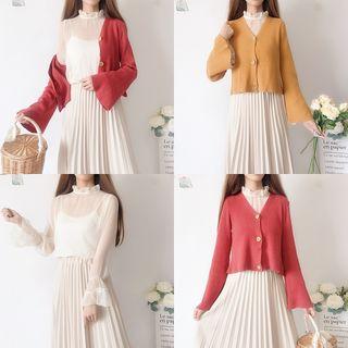 Plain Cardigan / Pleated Midi Skirt / Ruffle Trim Chiffon Top