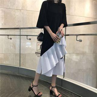 Two-tone Elbow-sleeve Midi Dress
