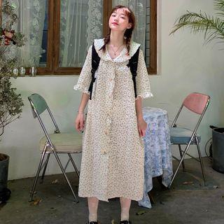 Elbow-sleeve Floral Print Button-up Midi Dress White - One Size