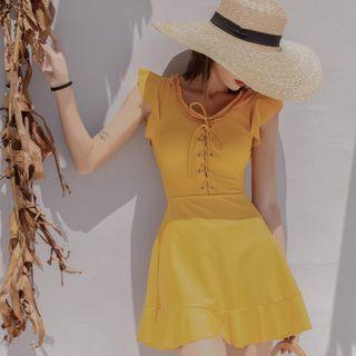 Cap-sleeve Frill Trim Lace-up Swimdress