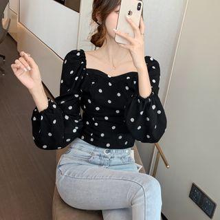 Dotted Square Neck Long-sleeve Top