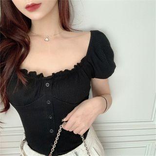 Puff-sleeve Ruffle Trim Plain Top