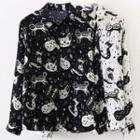 Long Sleeve Collared Cat Print Blouse