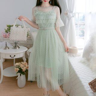 Set: Mesh Elbow-sleeve Midi A-line Dress + Slipdress