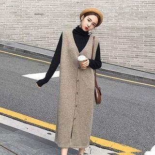 Set: Turtleneck Long Sleeve Top + V-neck Buttoned Pinafore Dress