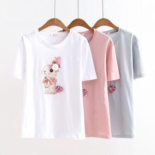 Short-sleeve Rabbit Printed T-shirt White - One Size
