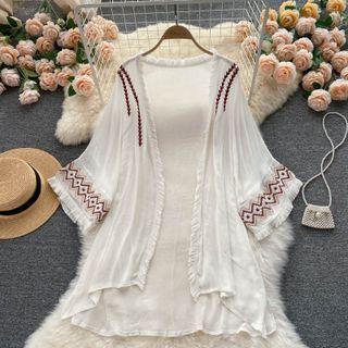 Embroidered Fringe Long-sleeve Cardigan