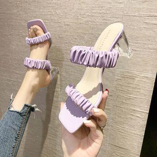 Chunky Heel Shirred Strap Slide Sandals