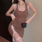 Halter-neck Lace-up Mini Bodycon Dress Brown - One Size