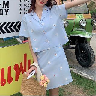 Flower Print Short-sleeve Shirt / High-waist A-line Skirt