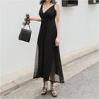Tulle-overlay Maxi Pinafore Dress