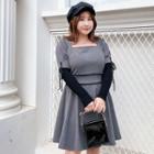 Square-neck Knit-sleeve A-line Dress