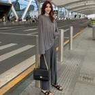 Plain Long-sleeve Oversize T-shirt / High-waist Wide-leg Pants