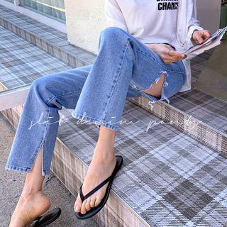 Slit-detail Washed Wide-leg Jeans
