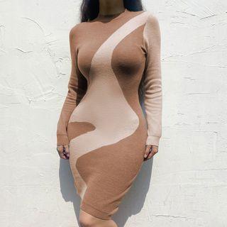 Two-tone Long-sleeve Knit Mini Bodycon Dress