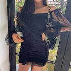 Two-way Sheer-sleeve Shirred Bodycon Dress Black - One Size